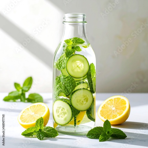 Refreshing cucumber and mint infused water in glass bottle, with lemon slices.
