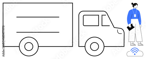 Delivery truck connected to cloud technology alongside a logistics manager holding a clipboard. Ideal for smart logistics, IoT, transportation, supply chain, fleet management, delivery, storage. A