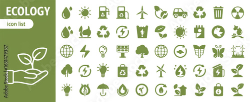 A collection of green and white ecology-themed icons set. Editbale stroke.