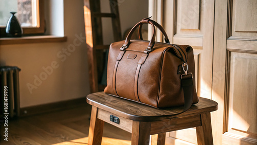 Brown leather bag rests on a wooden stool. Lighting creates a stylish, elegant backdrop, perfect for product photography, lifestyle branding, or a social media layout.