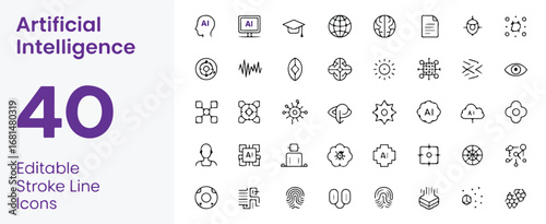 Various Artificial Intelligence and technology concepts line art icons arranged in a grid format, depicting.Editable stroke.