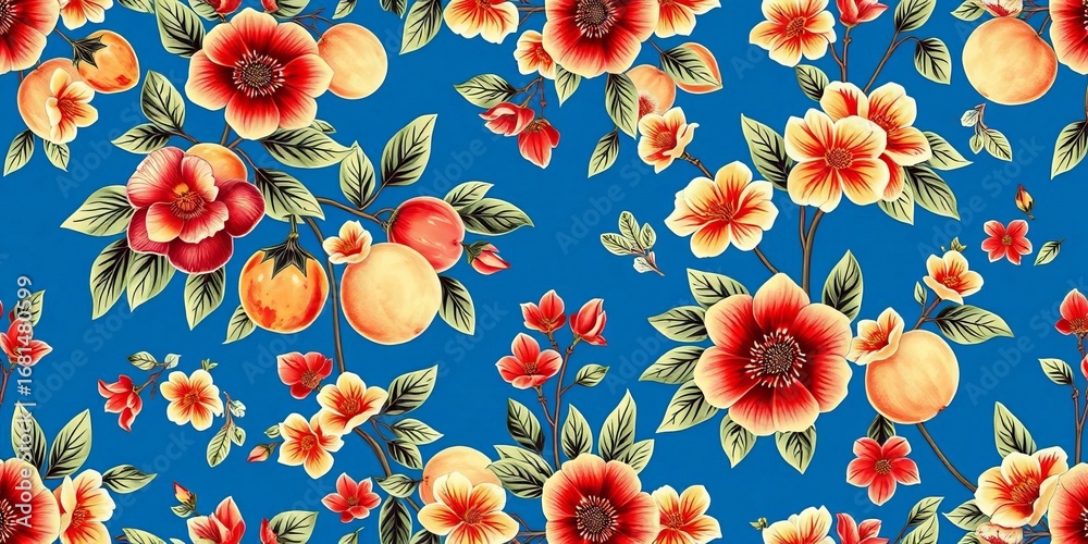 Blue and white chinoiserie seamless pattern featuring vibrant fruits and flowers in vintage vector illustration style, download, flower Blue and white chinoiserie seamless pattern featuring vibrant fruits and flowers in vintage vector illustration style, download, flower
