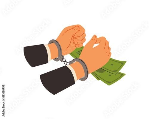 Conceptual illustration of financial crime, with a businessman's hands in handcuffs over cash representing bribery and corruption