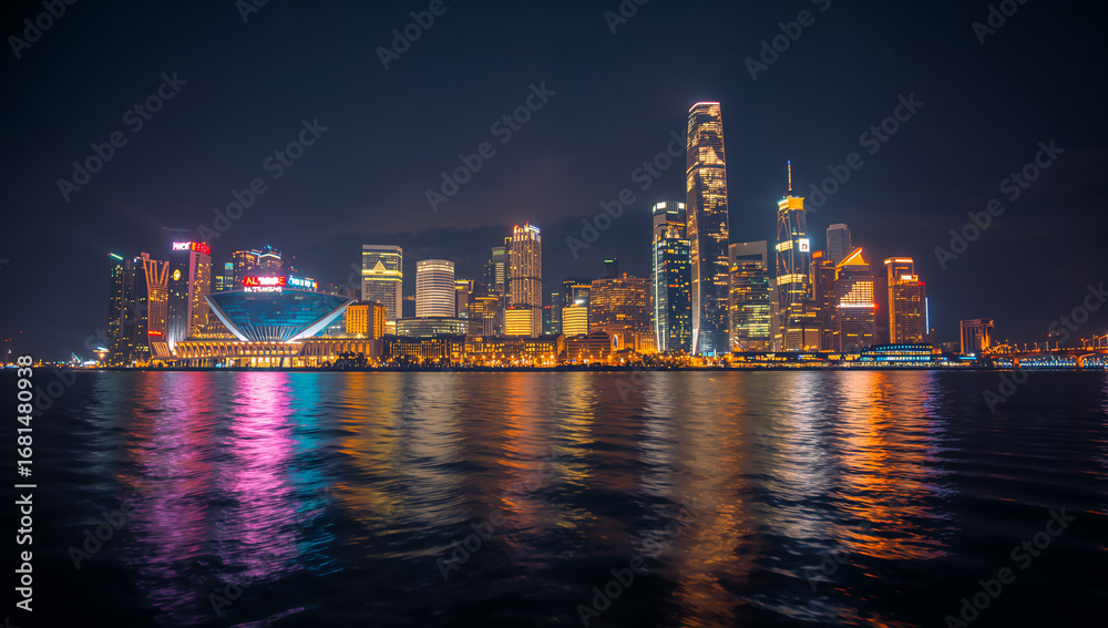 Fototapeta premium Stunning Nighttime Cityscape with Bright Skyline Lights