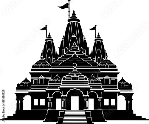 Hindu temple silhouette vector illustration of Indian architecture with domes and flags in traditional style. Ram Temple. Ram Mandir.