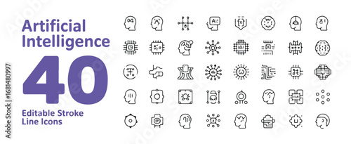 Various Artificial Intelligence and technology concepts line art icons arranged in a grid format, depicting.Editable stroke.