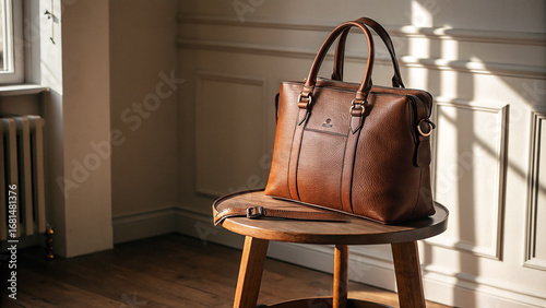 Brown leather tote bag sits on wooden stool in soft light. Ideal for luxury branding, product display, or advertising.