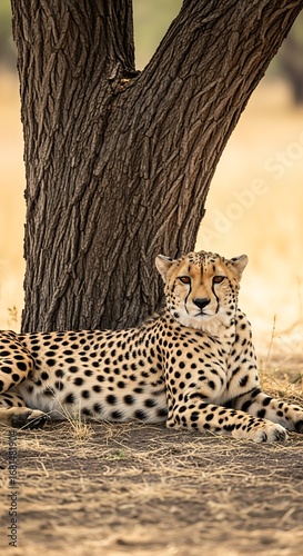A cheetah rests in the shade of a tree on the savanna.