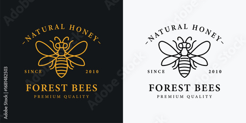 Natural Honey Bee Logo Vector Illustration - Eco-Friendly Organic Badge with Linear Style and Gold Color