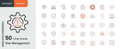 A collection of 50 minimalist risk management line icons arranged in a grid format, with a black and orange color scheme. Editable stroke.