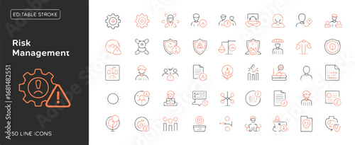 A collection of 50 minimalist risk management line icons arranged in a grid format, with a black and orange color scheme. Editable stroke.