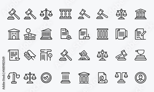 Law and Justice Outline Icons Set. Crime, justice, judge, regulation, court, and more. Editable modern stroke. Vector modern illustration