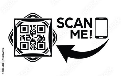 Minimalist black QR code graphic with frame, bold “SCAN ME!” text, smartphone outline, and curved arrow on white background. Clean, modern, digital design for tech or marketing use.