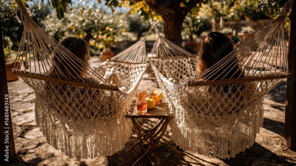 Obraz premium Two People in Hammocks with Drinks and Fruit