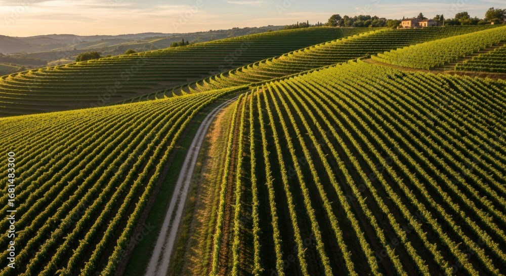 Fototapeta premium Golden Hour Light on Terraced Tuscan Vineyard Landscape with Rural Road and Farmhouse
