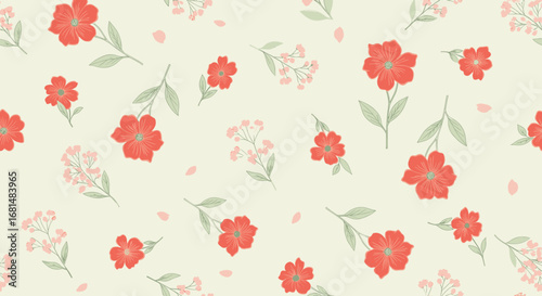 Elegant floral pattern with vibrant red blossoms and delicate leaves for stylish design needs