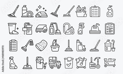 Cleaning Web Outline Icons Set. Home cleaning, Washing floors, windows, clothes and more. Vector Illustration. Editable Modern Stroke.