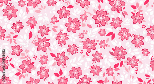 Elegant floral pattern with pink blossoms and white leaves creates a stunning spring design
