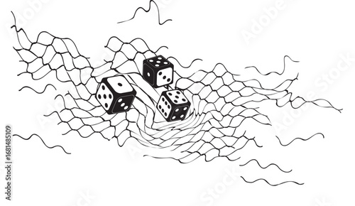 Three black and white dice sit atop a distorted, patterned net with swirling lines adding dynamic movement in this intricate, monochromatic vector illustration