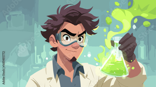 Animated cartoon character scientist conducting experiment