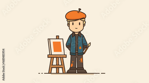 Artist character with easel and orange canvas