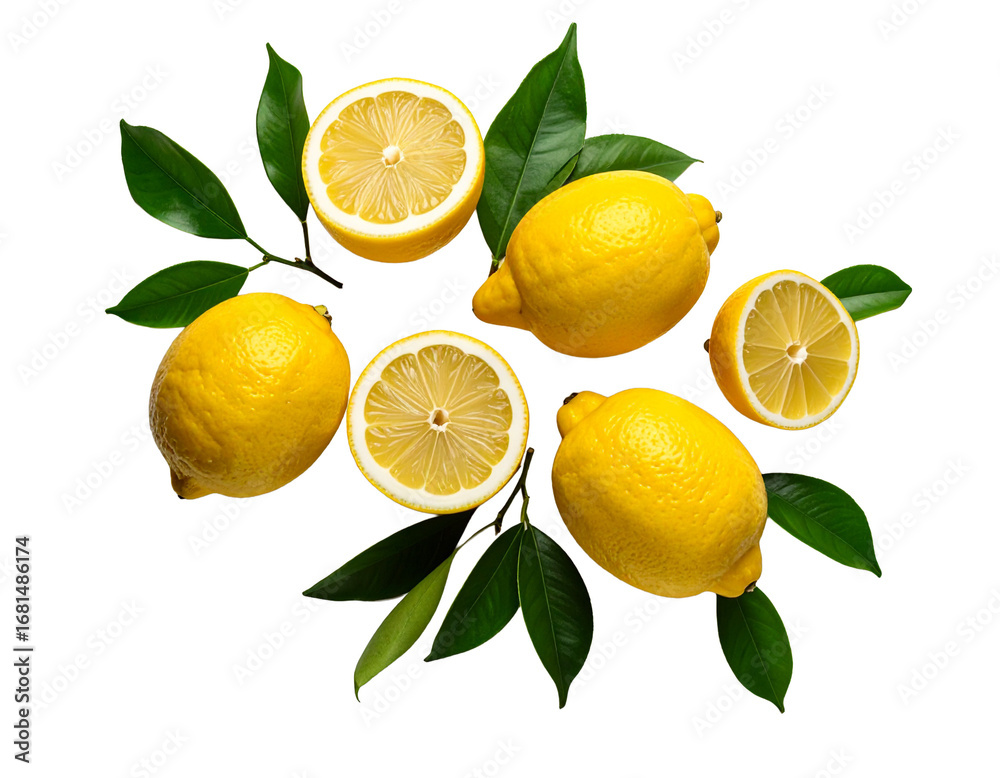 custom made wallpaper toronto digitalRipe lemons and lemon leaves on white background.
