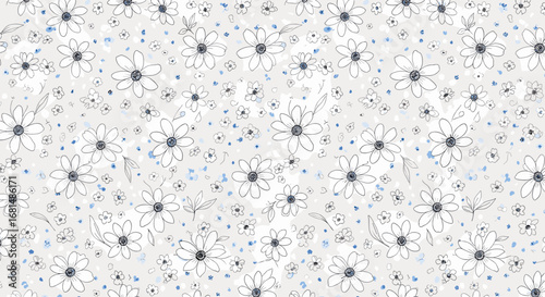 Elegant floral pattern design with dainty white daisies and subtle blue accents for a fresh, delicate feel