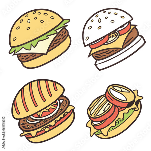 Vector art of four different types of delicious hamburgers