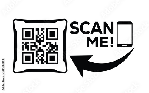 Minimalist black QR code graphic with frame, bold “SCAN ME!” text, smartphone outline, and curved arrow on white background. Clean, modern, digital design for tech or marketing use.