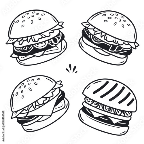 Vector art of four handdrawn black and white illustrations of delicious hamburgers with various fillings
