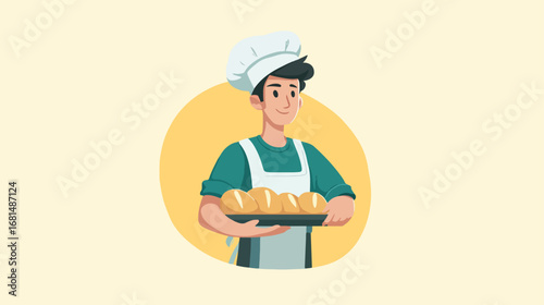 Baker holding tray of breads