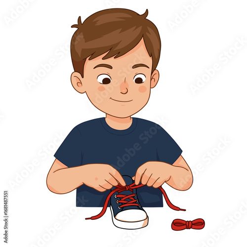 Young boy tying shoelaces on sneakers with hair tousled and focused  