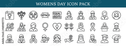 Women’s Day icon set with empowerment and equality symbols, Line icon pack for International Women’s Day featuring empowerment, equal rights, professions, flowers, and celebration of women worldwide.
