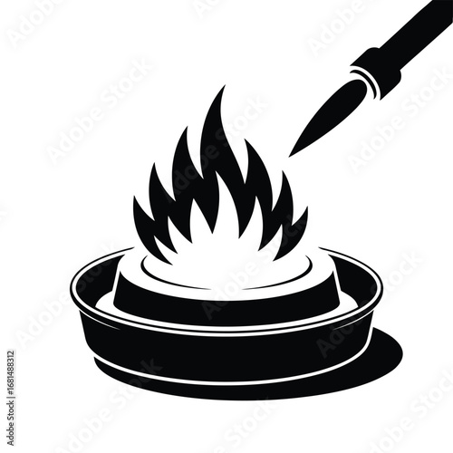 Illustration of a bunsen burner with a flame and a tool igniting it