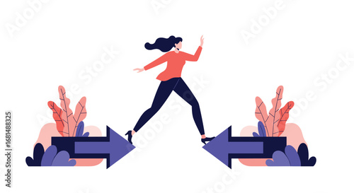 Woman confidently stepping across a divide on arrows symbolizing progress and overcoming challenges
