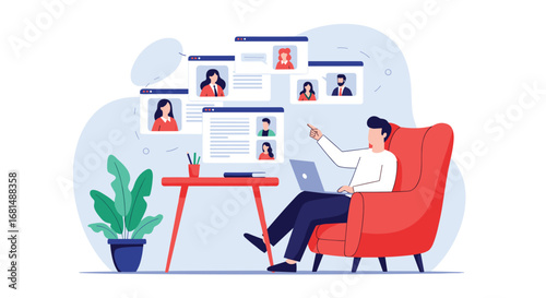 Man working from home on a laptop while looking at profiles on a virtual screen in a modern office setting