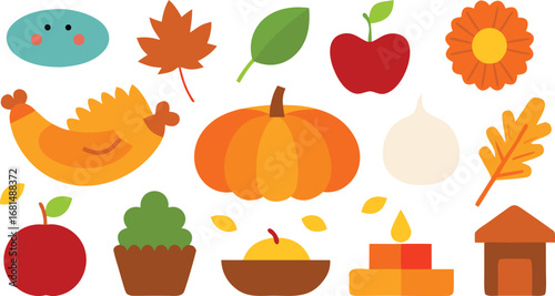 Vector art of collection of autumn harvest icons including pumpkin, apple, leaves, and pie