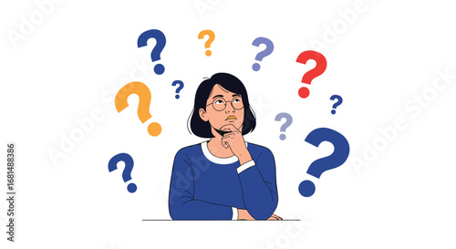 A confused person surrounded by many question marks demonstrating uncertainty and doubt