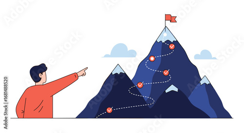 Man points towards mountain peak showing path to achieve difficult goals and objectives