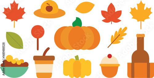 Vector art of collection of autumn and thanksgiving themed flat design icons including pumpkins, leaves, and food items