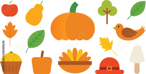 Vector art of assortment of thanksgiving and autumn flat design elements featuring pumpkins, leaves, a turkey, and festive food