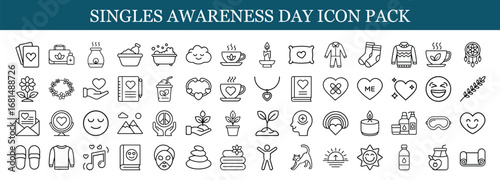 Singles Awareness Day icon set for self care, Line icon pack for Singles Awareness Day featuring self love, relaxation, wellness, mindfulness, cozy home life, and positive vibes