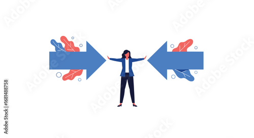 Woman trapped between two large opposing arrows symbolizing conflicting pressures and difficult choices
