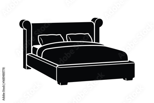 Hand-drawn style double bed silhouette with pillows and bedding for bedroom furniture design