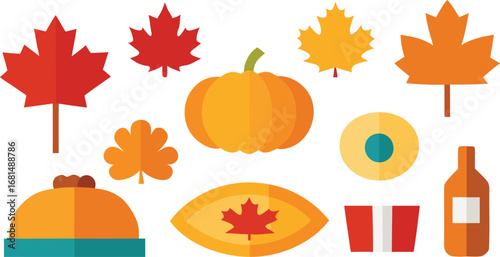 Vector art of group of autumn icons including maple leaves, pumpkin, pie, and drinks