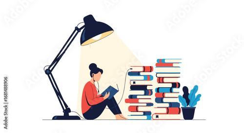 A young person sits comfortably reading a book under the warm glow of an adjustable desk lamp next to a tall stack of novels
