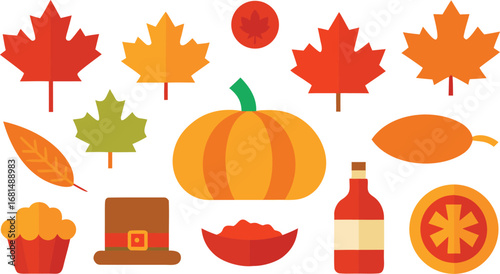 Vector art of collection of autumn symbols like pumpkin, maple leaf, pie, hat, and bottle