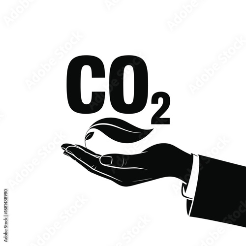 Hand holding co2 symbol with green leaves representing environmental protection