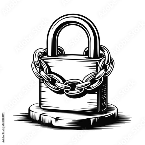 Vintage style hand drawn illustration of a locked padlock secured with a heavy chain