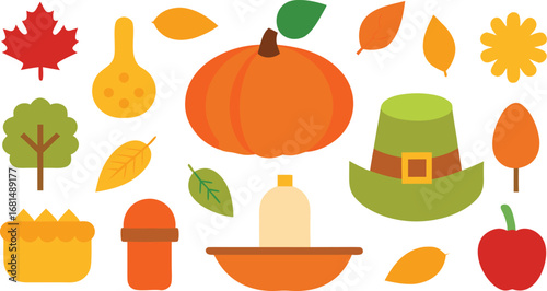 Vector art of collection of autumn harvest symbols including pumpkin, maple leaf, pilgrim hat, pie, and apple